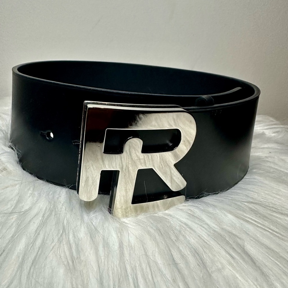 Dark Blue Leather Belt with Silver Buckle